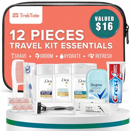 Trektote 12-Piece Women’s Travel Hygiene Kit with Toiletries & Grooming Essentials, TSA-Compliant, Clear Cosmetic Bag, Available in Bulk