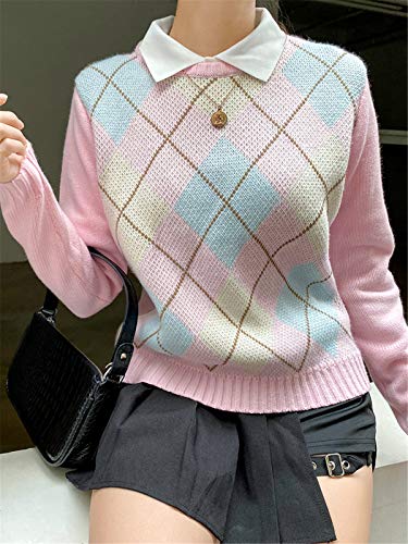 Women Casual Long Sleeve Knitted Sweaters Streetwear Oversized Chunky Pullover Argyle Plaid Knit Jumper Tops2