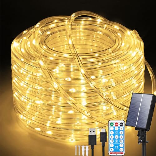 Aofonchy Solar Luces de Cuerda de Tubo Exterior, 20M 200LEDs Impermeable Cuerda Luce de Tubo con 8 Modos & USB, Manguera Guirnaldas Luces Control Remoto para Jardín Terraza Patio Navidad Fiesta
