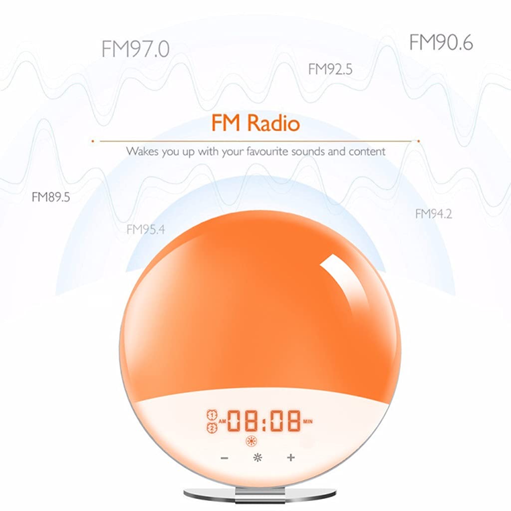 Wake Up Light Sveglia, Simulazione Alba/Tramonto, Radiosveglia Digitale, con Doppi Allarmi, Funzione Snooze, FM Radio