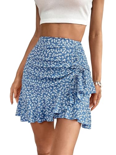 EARKOHA 2025 Skirts for Women Ditsy Floral Print Drawstring Ruffle Hem Skirt Blue S