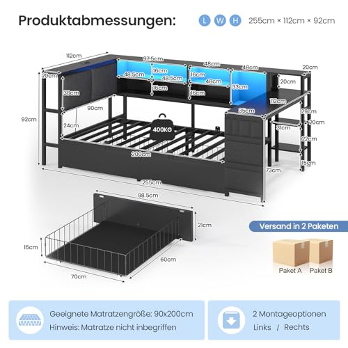 Brinlawb Schlafsofa mit LED-Beleuchtung und Ladestation, Jugendbett 90x200 cm mit einem 35x112cm Tisch und zwei großen Schubladen, Bett 90x200 Tagesbett mit polsterter Rückenlehne am Kopfteil, Schwarz