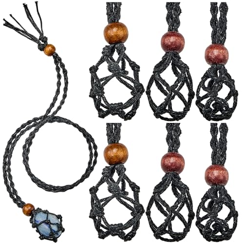 Hicarer 6 Piezas Cordones para Collar de Piedra Vacío Soporte de Collar Vacío con Red de Pesca Cuerda para Collar de Piedra de Cristal de Cuarzo, 3 Tamaños Jaula de Cordón Ajustable (Negro)