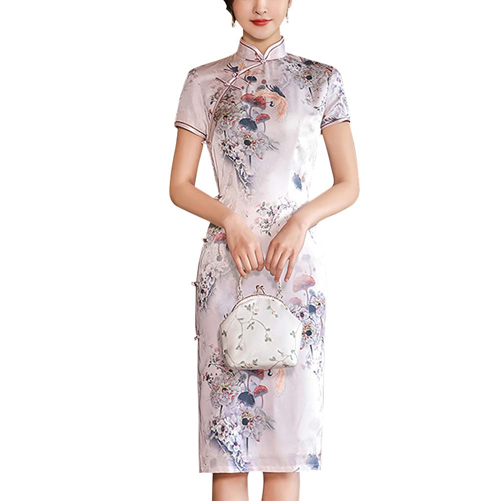 StarDYVintage Floral Print Midi Cheongsam Qipao Dress Mandarin Collar Keyhole Short Sleeve Chinese Style Party Dress (Pink, XL)