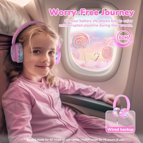 Image of iClever BTH22 Kids Bluetooth Headphones, 60H Play Time, 74 /85 dBA Safe Volume, Bluetooth 5.4, USB C, Over Ear Kids Headphones Wireless with Mic AUX Cord for iPad /Tablet /Travel /School, Pink-Stripe
