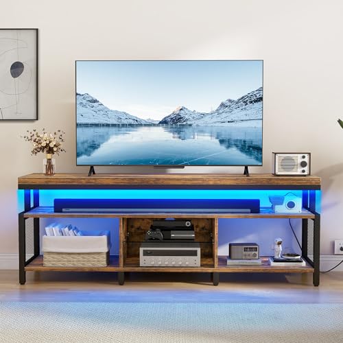 DWVO TV Stand for 70/65 inch TV, LED Entertainment Center with Storage, TV Stands for Living Room, Industrial Media TV Console Cabinet with Power Outlets, Rustic Brown