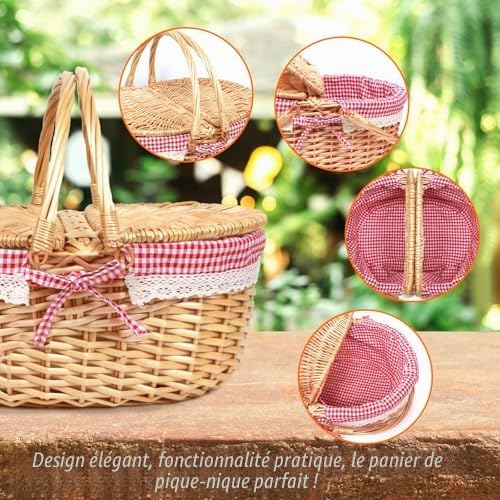Panier De Pique-Nique en Osier Style Champêtre Panier De Camping Résistant avec Couvercle Poignée Solide Et Doublure Amovible Accessoire Pratique pour Pique-Nique Fête Barbecue Rangement Déc