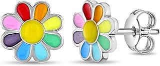 925 Sterling Silver Rainbow Enamel Daisy Flower Stud Earrings for Little Girls and Preteens 9mm - Multicolored Flower Earrings for Girls - Vibrant Enamel Earrings for Young Girls