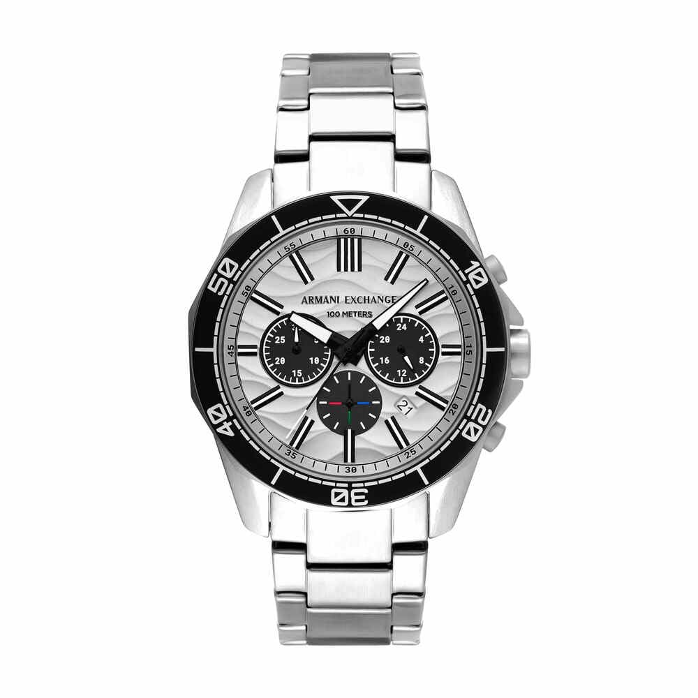 Armani Exchange Silver Tone Watch for Men, Quarz-Chronographenwerk und 44mm Gehäusegröße mit Edelstahlarmband
