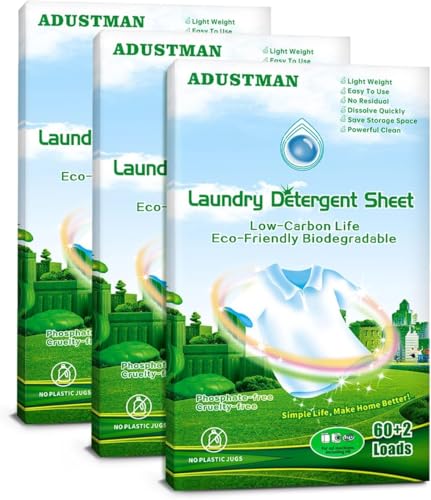 ADUSTMAN Laundry Detergent Sheets (Strips),Breeze Hypoallergenic Eco-friendly Low Suds Liquidless Earth Friendly No Plastic Jugs (186 Count (pack of 3), Fresh)