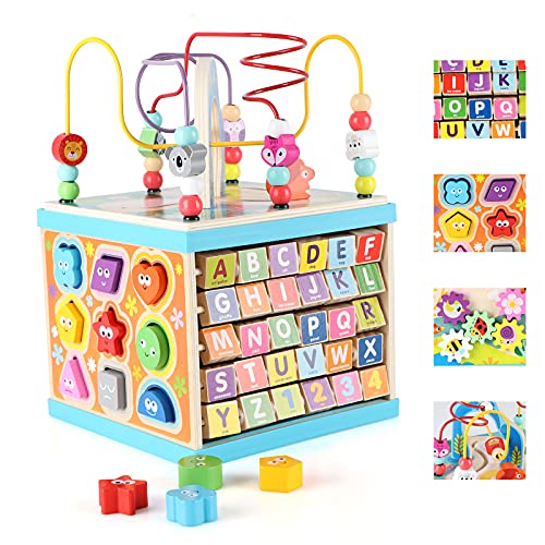 Wondertoys Wooden 5 in 1 Multipurpose ABC-123 Abacus Bead Maze Shape Sorter baby Activity Cube Toy