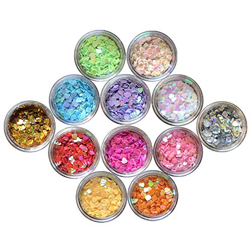 Nail Glitter 12 Boxes Heart Nail Art Flakes Hexagon Confetti Festival Glitter Colorful Chunky Glitters for Hair Face and Eye Make Up Foil Flakes (12Colors,Heart-shaped)
