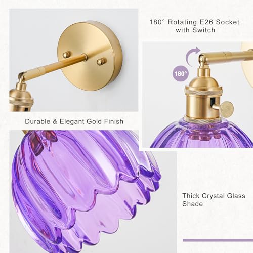 Image of Wall Sconces Set of Two Hardwired, Vintage Sconce Light with Tulip Purple Glass Lampshade, Bathroom Wall Lights with Switch, Gold Wall Light Sconces Wall Decor Set of 2