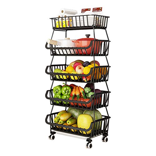 DAWNYIELD Panier de Rangement en Fil Métallique à 5 Niveaux avec Roues Empilable Mobile Légumes Fruits Multifonctionnel Rangement Organisateur Rack pour Cuisine Salle De Bains Chambre Garde-Manger Cover