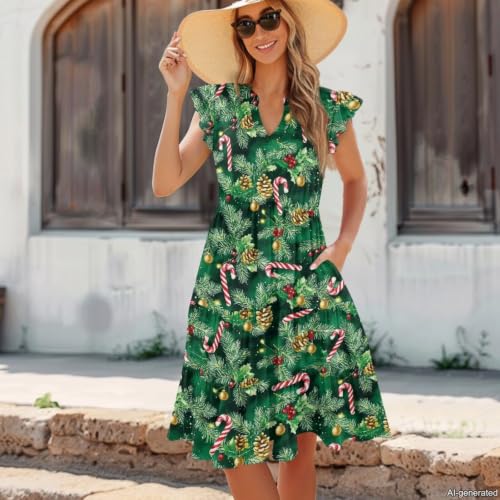 Image of Womens Summer Dress Ruffle Sleeve V Neck Dress Casual Fit Flowy Beach Vacation Sundress with Pocket S-2XL