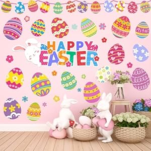 Whaline Easter Wall Decor Stickers Happy Easter Egg Flower Wall Decals Small Room Mural Stickers for Spring Home Office School Party Door Window Decoration 83 x 106 Inch 9 Sheets