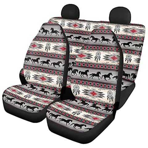 CLOHOMIN Southwest Aztec Horse Car Seat Cover Set for Women Men Durable Soft Front and Back Seats Protector Dream Catcher Horse Stripe in Gray Red Universal 4 Piece Car Accessories Cover