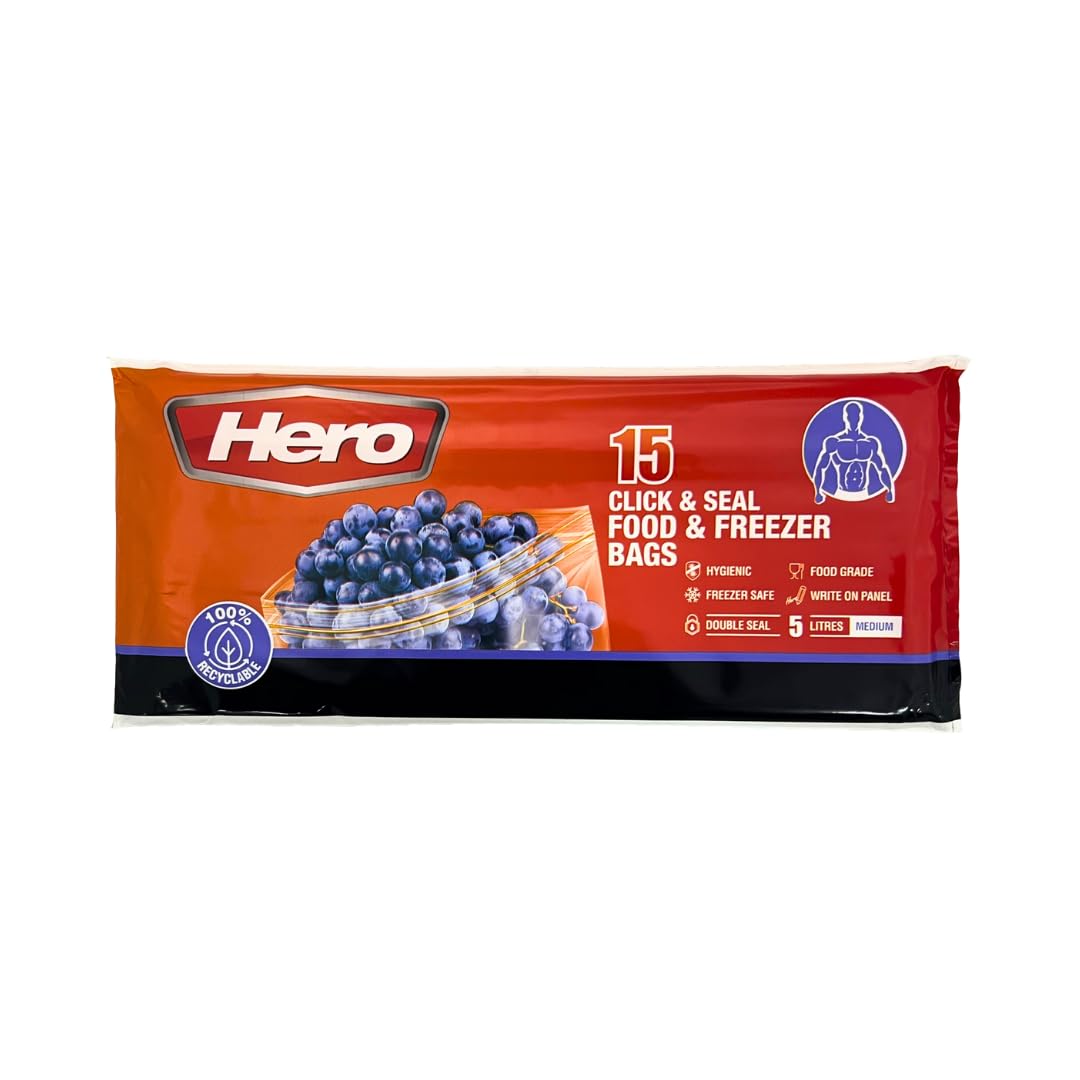 Hero Clear Sealable Freezer Bags, Large Click Lock Food Storage Bags, Bpa Free, For Fruits And Vegetables (1, 5L)