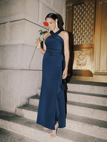 Image of Xscape Evenings Women's Long, Bodycon Low-Sheen Cross Front Halter Neck Evening Dress with Ruching & Ruffle Detail