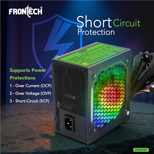Image of Frontech PRO 1000 Gaming Power Supply, 600W PSU, ATX 12V, 120mm RGB Silent Fan, PCI-E (6+2) Pin, 3 SATA, OCP /OVP /SCP Protection, 3-Year Warranty (PS-0013P)