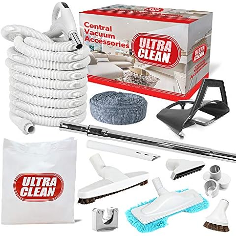 Ultra Clean Central Vacuum BEST Hardwood Accessory Kit - Low Voltage 24 V Hose with on/off Switch Swivel Handle - Deluxe Tool Set, Hose Cover, Dust Mop, Storage Tool Caddy (White, 35 ft) Cover