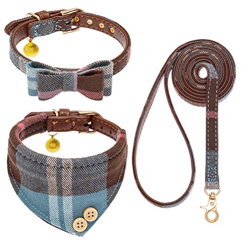 EXPAWLORER Dog Collar and Leash Set - Classic Plaid Dog Bow Tie and Dog Bandana Collar with Bell, Dog Leash Tangle Free, Adjustable Collars for Small Medium Large Dogs Cats, Holiday Ideal Gift