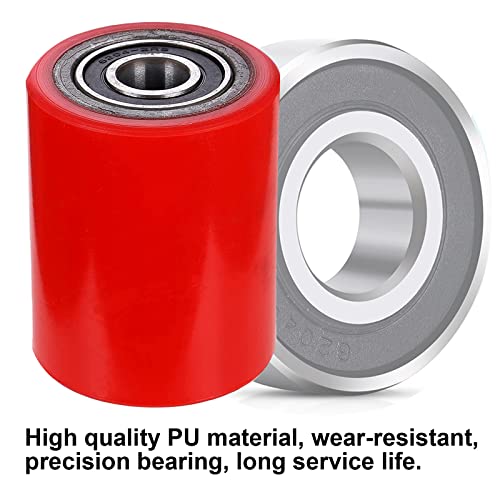 Image of Pallet Jack Poly Load Wheels 3 inch x 3.75 inch with Bearings ID 20mm Poly Tread Red - A Pair (Red)