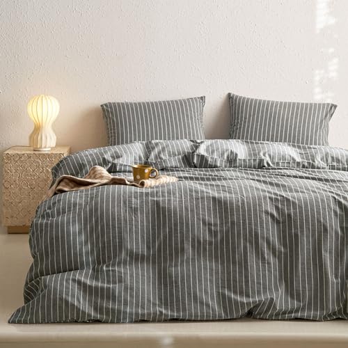 Image of Wake In Cloud - Striped Cotton Duvet Cover Set, Ticking Stripe Vertical Pinstripe Farmhouse, 100% Washed Cotton Textured Bedding Set, 3 Pieces, Gray, Full Size
