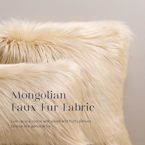 Image of Phantoscope Faux Fur Pillow Cover Decorative Fluffy Throw Pillow Mongolian Luxury Fuzzy Pillow Case Cushion Cover for Bedroom and Couch, Light Beige 18 x 18 Inches