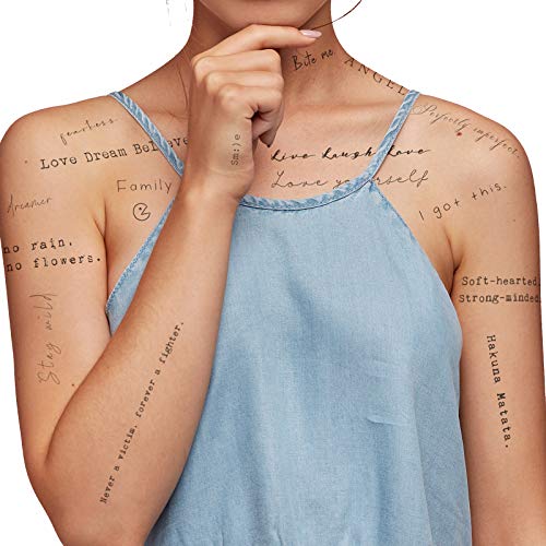 Everjoy Realistic Temporary Tattoos - Inspirational Quotes Positive Words Tattoo Stickers for Adult, Women and Men, 37 Designs 90+ Patterns 20 Pcs (Words-II)