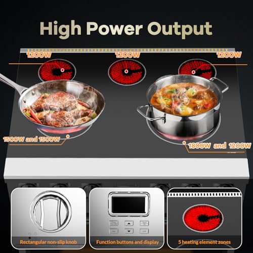 36" Professional Electric Range With Cooktop 5 Burners Dual Center Element With 7 Cooking Power Options, 6 Cu. Ft. Freestanding Convection Oven for Kitchen and Commercial, Sliver