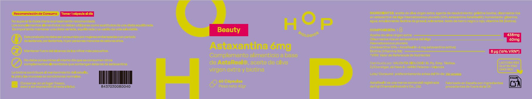 HOP Biologics Astaxantina AstaReal®, 60 Cápsulas Blandas, con Biotina y Aceite de Oliva Virgen Extra, 6 mg por Cápsula