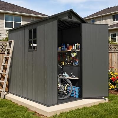Devoko 4x6 FT Plastic Outdoor Storage Shed with Floor, Waterproof Resin Tool Shed with Lockable Door & Window, All-Weather Garden Shed for Backyard Patio Lawn, Dark Gray