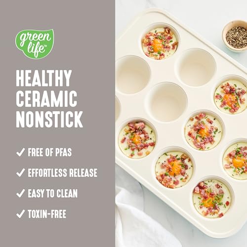 GreenLife 12-Cup Muffin Pan, Healthy Ceramic Nonstick Bakeware, PFOA & PFAS-Free Cupcake Tray, Durable Baking Pan, Versatile Kitchen Essential, Easy Clean Muffin Mold, Nonstick Baking Sheet, Taupe