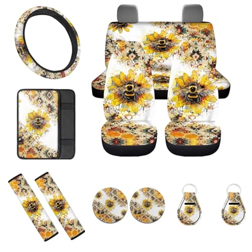 FUIBENG Bee Car Seat Covers 12Pcs Sunflower Bee Auto Seat Protection Accessories Full Set with 15Inch Steering Wheel Covers Seatbelt Pad Keychain Coaster Armrest Pads Vehicle Interior Set