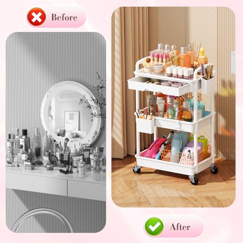 Image of SUNALLY Makeup Cart Organizer with Drawer,3 Tier Rolling Makeup Cart, White