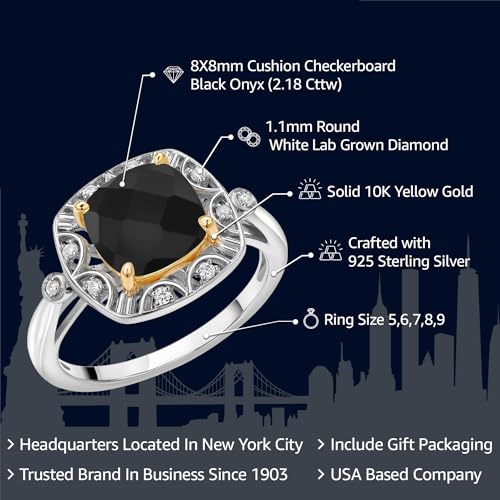 Gem Stone King 925 Sterling Silver and 10k Yellow Gold Black Onyx and White Lab Grown Diamond Engagement Ring For Women (2.18 Cttw, Cushion Checkerboard Cut 8MM, Available 5,6,7,8,9)2