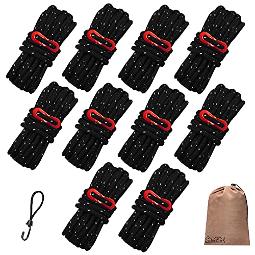 DaLaCa パラコード テントロープ タープロープ ガイロープ 反射材入り 太さ 4mm 長さ 4m 6本 / 8本 / 10本 セット 耐荷重 300kg 自在金具 収納袋 ストレッチコード 付き