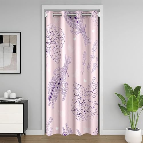 Girls Floral Door Curtain For Doorway Privacy For Kids Adult,Pink Flowers Door Drape,Hand Drawn Sketch Blackout Curtain,Spring Rustic Nature Closet Curtain Bedroom Doorway,Closet Door 34