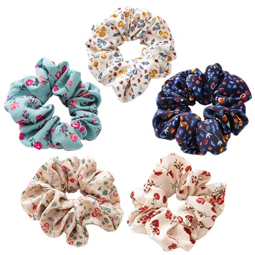 5 Pcs Hair Scrunchies Hair Ties Fashion Silk Hair Bands Hair Bow Ropes Hair Elastic Bracelet Ponytail Holders Hair Accessories for Women and Girls (4.0 inch, Small flower color)