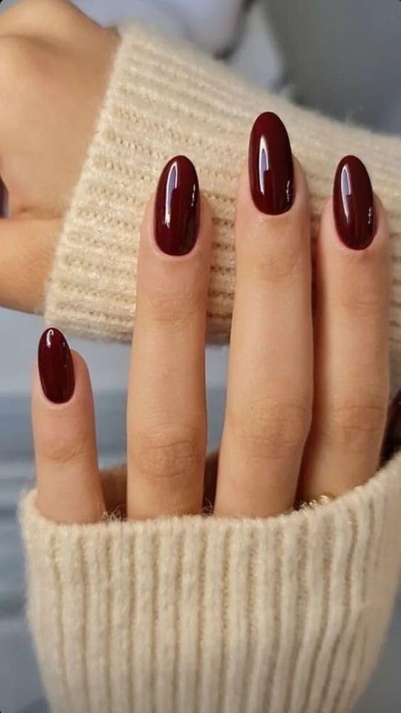 Set of 14 pc, Press-On Nails, Dark Maroon Almond Shape, Long Length, Glossy Finish with free glue kit