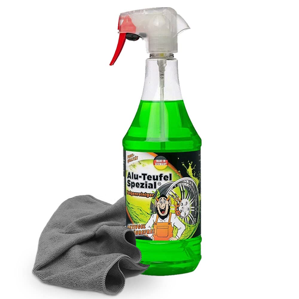 Felgenreiniger Set: 1x TUGA Alu Teufel Spezial grün 1 Liter + 1x Microfasertuch 40x40 cm grau