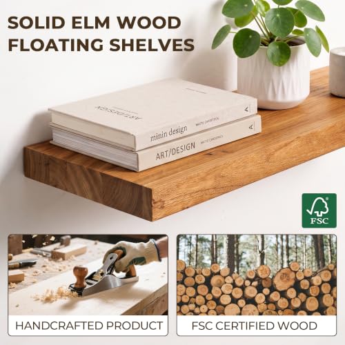 Image of Elm Floating Shelves for Wall - 20 in Rustic Solid Wood Shelves with Heavy-Duty Invisible Bracket, Wall-Mounted Wooden Shelf for Living Room, Bathroom, Kitchen Storage & Display, Set of 2, Natural