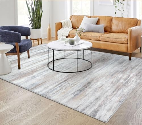 KOZYFLY 6x9 Area Rug Modern Ombre Thin Rugs for Living Room, Washable Large Rugs Non-Slip Soft Striped Rug for Bedroom, Print Distressed Beige Abstract Carpet for Laundry/Kid Room