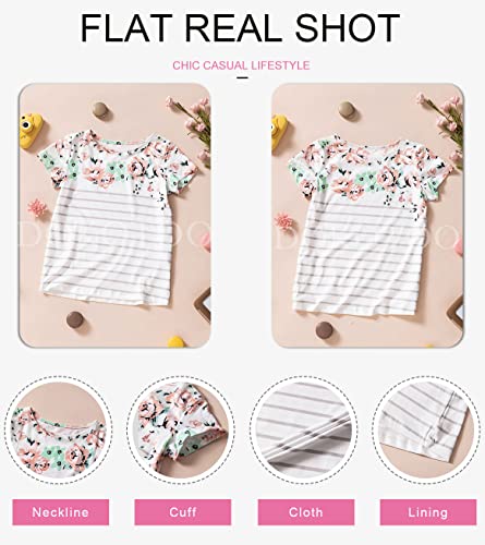 Dokotoo Girls Pluse Size Short Sleeve Shirts Sweat Striped Flower Print Colorblock Girls' Tops, Tees & Blouse Cute Twist Baby Kids T Shirt For Teen Girls White Size 12-13 #TOP3