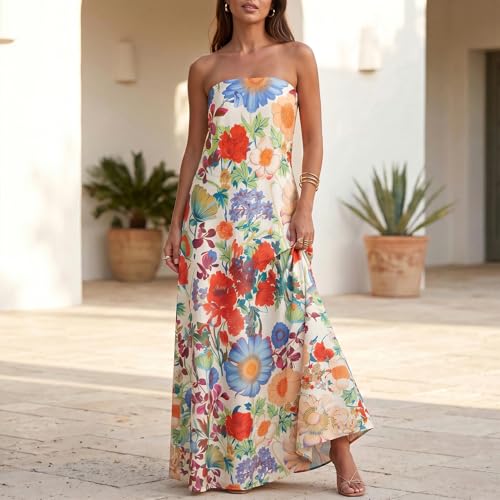 Image of Zwirelz Women Strapless Maxi Dress Boho Floral Print Flowy Long Tube Dress Off Shoulder Loose Beach Sundress