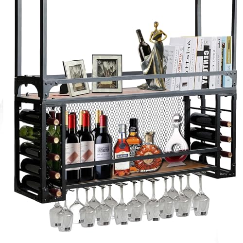 Étagère à vin murale avec support de verres réglable en métal pour bouteilles