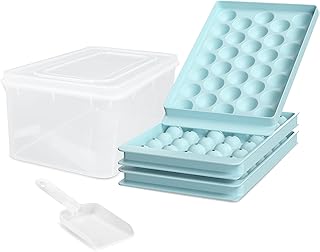 Round Ice Cube Trays for Freezer with Cover & Bin, Small Circle Ice Ball Maker Mold, Ice Tray for Cocktail & Whiskey (3 Sphere Trays & 1 Container & 1 Scoop)