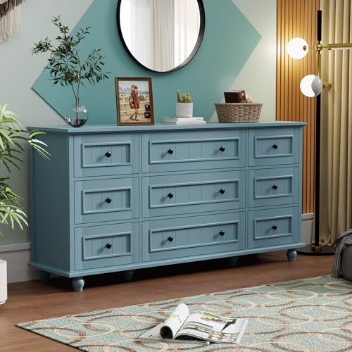Image of Scurrty Blue 9 Drawer Dresser, Large Chest of Drawers for Closet Storage
