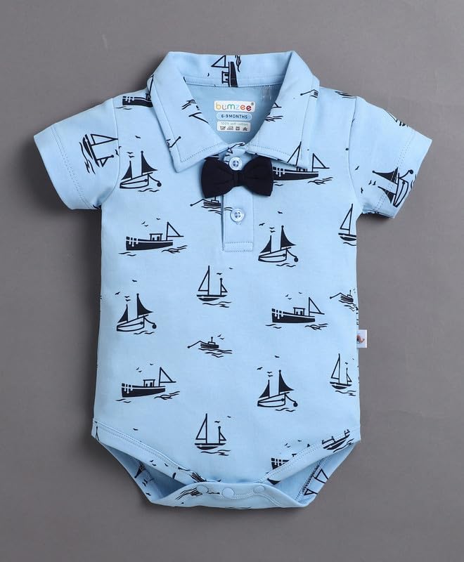 Image of BUMZEE Boys Regular Fit Half Sleeves Collar Neck Cotton Bodysuit & Short Set With Applique Bow Suspender & Cap